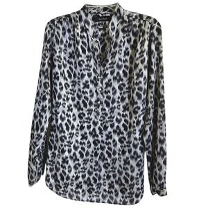 Satin Blouse Animal Leopard Cheetah Print Long Sleeve Rhinestone Button Womens M